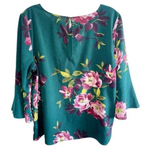 Eliane Rose Green/Pink Floral Blouse Keyhole Back Bell Sleeve Sz Large - Picture 3 of 8